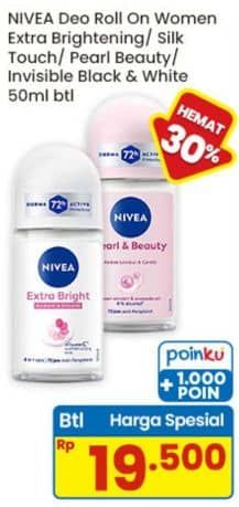Promo Harga Nivea Deo Roll On Brightening Hijab Cool, Whitening Silk Touch, Pearl Beauty, Black White Invisible Clear 50 ml - Indomaret