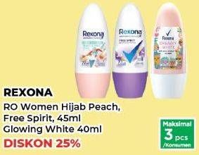 Promo Harga Rexona Deo Roll On Hijab Natural Peach Mint Cool, Free Spirit, Glowing White 40 ml - Yogya