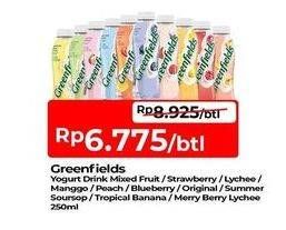 Promo Harga Greenfields Yogurt Drink Mixed Fruit, Strawberry, Lychee, Mango, Peach, Blueberry, Original, Soursop, Banana, Berry Lychee 250 ml - TIP TOP