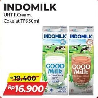 Promo Harga Indomilk Susu UHT Full Cream Plain, Cokelat 950 ml - Alfamidi