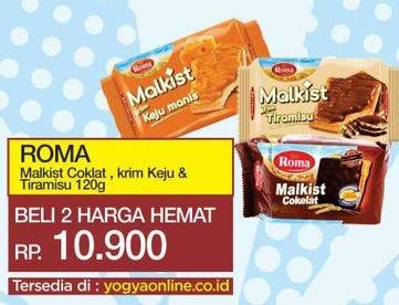 Promo Harga ROMA Malkist Cokelat, Keju Manis, Tiramisu per 2 pcs 120 gr - Yogya