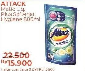 Promo Harga ATTACK Detergent Liquid Hygiene Plus Protection, Plus Softener 800 ml - Alfamart