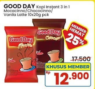 Promo Harga Good Day Instant Coffee 3 in 1 Mocacinno, Chococinno, Vanilla Latte per 10 sachet 20 gr - Indomaret