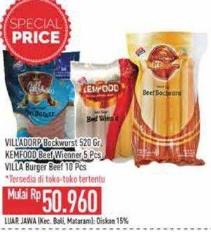 Promo Harga Villadorp bockwurst 520gr, kemfood beef wienner 5 pcs, villa burger beef 10 pcs  - Hypermart