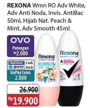 Promo Harga Rexona Deo Roll On Advanced Whitening, Advanced Whitening + Anti Noda, Invisible + Antibacterial, Hijab Natural Peach Mint Cool, Advanced Smooth 45 ml - Alfamidi