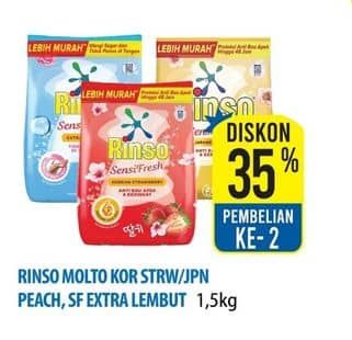 Promo Harga Rinso Anti Noda Deterjen Bubuk + Molto Korean Strawberry, + Molto Japanese Peach, Sensi Fresh Extra Lembut 1200 gr - Hypermart