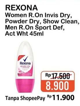 Promo Harga REXONA Deo Roll On Invisible Dry, Powder Dry, Show Clean, Sport Def, Act. White 45 ml - Alfamart