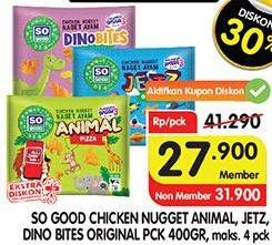 Promo Harga SO GOOD Chicken Nugget Jets, Dinobites, Original, Animal 400 gr - Superindo