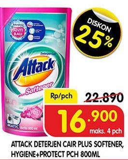 Promo Harga ATTACK Detergent Liquid Hygiene Plus Protection, Plus Softener 800 ml - Superindo