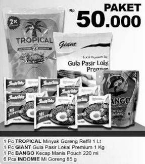 Promo Harga Tropical Minyak Goreng 1ltr + Indomie Mi Goreng 6s + Giant Gula Pasir 1kg + Bango Kecap 220ml  - Giant