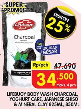 Promo Harga Lifebuoy Body Wash Charcoal And Mint, Yoghurt Care, Japanese Shiso Mineral Clay 850 ml - Superindo