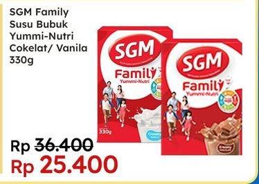 Promo Harga SGM Family Yummi Nutri Creamy Chocolate, Vanilla 330 gr - Indomaret