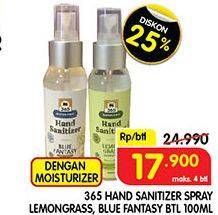 Promo Harga 365 Hand Sanitizer Spray Blue Fantasy, Lemongrass 100 ml - Superindo