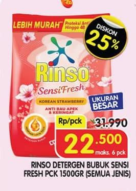 Promo Harga Rinso Anti Noda Deterjen Bubuk Sensi Fresh Extra Lembut 1500 gr - Superindo