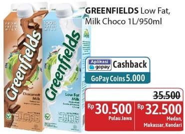 Promo Harga Greenfields UHT Low Fat, Choco Malt 1000 ml - Alfamidi