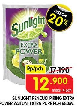 Promo Harga SUNLIGHT Pencuci Piring Extra Power With Biji Zaitun, Extra Pure With Aloe Vera 680 ml - Superindo
