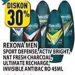Promo Harga Rexona Men Deo Roll On Sport Defence, Activ-White, Charcoal Fresh, Ultra Recharge, Invisible + Antibacterial 45 ml - Hypermart