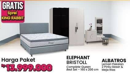 Promo Harga Elephant Bristol Complete Queen Bed Set+Courts Albatros Lemari Pakaian 2 Pintu Geser + Courts Albatros Meja Rias   - COURTS