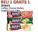 Promo Harga BISKIES Sandwich Biscuit Coffee, Peanut Butter, Bubble Gum 108 gr - Alfamidi
