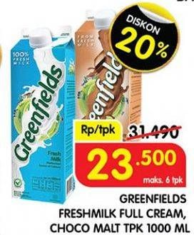 Promo Harga Greenfields Fresh Milk Full Cream, Choco Malt 1000 ml - Superindo