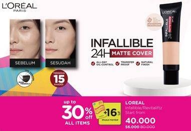 Promo Harga Loreal Infallible 24H Matte Cover Foundation/Revitalift Essence Water  - Watsons