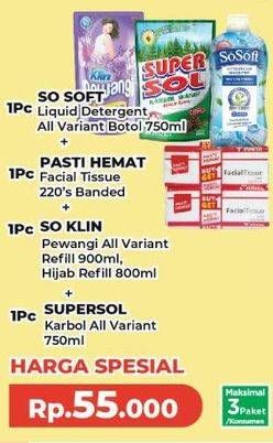 Sosoft Liquid Detergent + Pasti Hemat Facial Tissue + So Klin Pewangi + Supersol Karbol