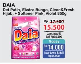 Promo Harga DAIA Deterjen Bubuk Bunga, Clean Fresh Hijab, Putih, + Softener Pink, + Softener Violet 850 gr - Alfamart