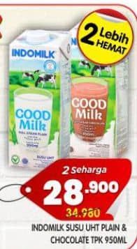 Promo Harga Indomilk Susu UHT Full Cream Plain, Cokelat 950 ml - Superindo