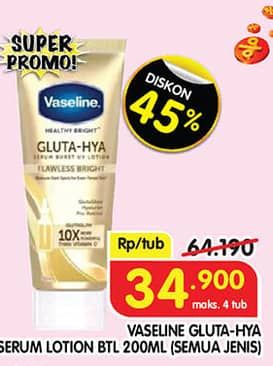 Vaseline Healthy Bright Gluta-Hya Lotion 200 ml Diskon 45%, Harga Promo Rp34.900, Harga Normal Rp64.190, Maks 4 Tub