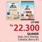 Promo Harga Quaker Oatmeal 3in1 Vanilla, 3in1 Cokelat, 3 In 1 Berry Burst per 8 pcs 28 gr - Alfamidi