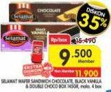 Promo Harga Selamat Wafer Black Vanilla, Chocolate, Double Chocolate 145 gr - Superindo