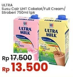 Promo Harga Ultra Milk Susu UHT Coklat, Full Cream, Stroberi 750 ml - Indomaret