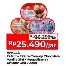 Promo Harga WALLS Ice Cream Chocolate Vanilla With Chocolate Chip, Neopolitana, Unicorn 3 In 1 700 ml - TIP TOP