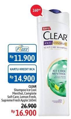 Promo Harga CLEAR Shampoo Ice Cool Menthol, Complete Soft Care, Lemon Fresh, Fresh Apple 160 ml - Alfamidi
