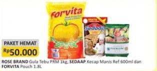 Promo Harga Paket Hemat (ROSE BRAND Gula 1KG + SEDAAP Kecap manis 600ml + FORVITA MINYAK GORENG 1.8L)  - Alfamart