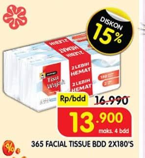 Promo Harga 365 Facial Tissue per 2 bag 180 sheet - Superindo