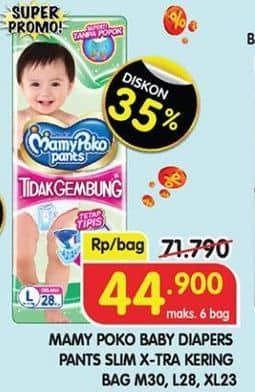 Promo Harga Mamy Poko Pants Xtra Kering Slim Tidak Gembung L28, M30, XL23 23 pcs - Superindo
