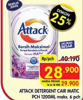 Promo Harga Attack Sensor Matic Detergent Liquid 1200 ml - Superindo