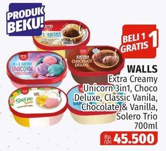 Promo Harga WALLS Ice Cream Chocolate Deluxe, Chocolate Vanilla With Chocolate Chip, Classic Vanilla, Solero Trio, Unicorn 3 In 1 700 ml - Lotte Grosir