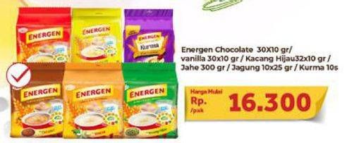 Promo Harga ENERGEN Cereal Instant Chocolate, Kacang Hijau, Jagung, Vanilla, Kurma, Jahe per 10 sachet 25 gr - Carrefour