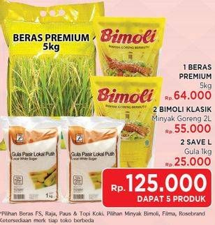 Promo Harga 1 Beras Premium 5kg / 2 Minyak Goreng 2ltr / 2 SAVE L Gula Pasir 1kg  - LotteMart