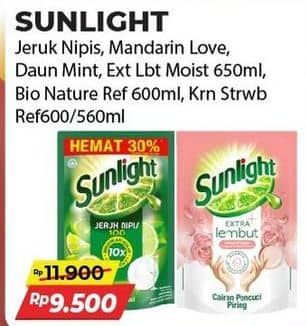 Promo Harga Sunlight Pencuci Piring Jeruk Nipis 100, Mandarin Orange, Anti Bau With Daun Mint, Extra Lembut, Biocare Nature, Korean Strawberry 560 ml - Alfamart