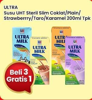 Promo Harga Ultra Milk Susu UHT Coklat, Full Cream, Stroberi, Taro, Karamel 200 ml - Indomaret