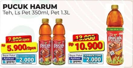 Teh Pucuk Harum Minuman Teh 350 ml Diskon 24%, Harga Promo Rp5.900, Harga Normal Rp7.800, Cashback Rp2.000 dengan GOPAY min transaksi Rp15.000