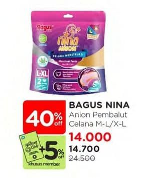 Promo Harga Bagus Nina Anion Celana Menstruasi M-L, L-XL 2 pcs - Watsons