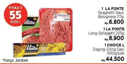 Promo Harga Paket Hemat: La Fonte Spaghetti Saus Bolognese + La Fonte Long Spaghetti + Choice L Daging Giling Sapi  - LotteMart