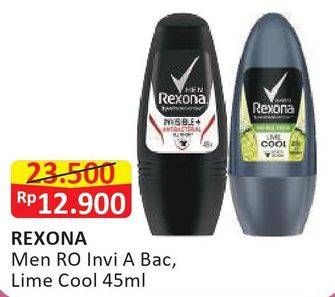 Promo Harga REXONA Men Deo Roll On Invisible + Antibacterial, Natural Fresh Lime Cool 45 ml - Alfamart