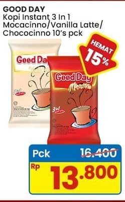 Promo Harga Good Day Instant Coffee 3 in 1 Mocacinno, Vanilla Latte, Chococinno per 10 sachet 20 gr - Indomaret
