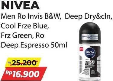 Promo Harga Nivea Men Deo Roll On Black White Invisible Fresh, Dry Clean, Cool Kick Freezy Green, Deep Black Charcoal Espresso 50 ml - Alfamart