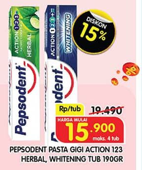 Promo Harga Pepsodent Pasta Gigi Action 123 Herbal, Whitening 190 gr - Superindo